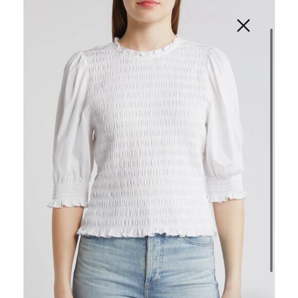 Veronica Beard Langston Smocked Ruffle Top Blouse White Elevated Basic M Cotton - Picture 3 of 11